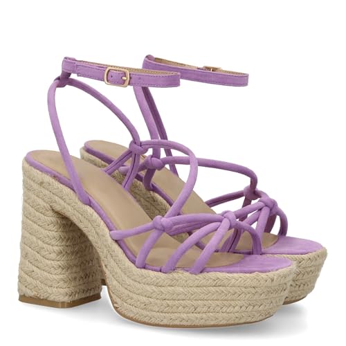 shoes&blues.es 94106 Sandalia de Tacon de Yute para Mujer, comodas y Elegantes, Diseno Moderno con Tiras Cruzadas y Cierre de Hebilla, Ideales para Primera Verano. Lila Talla 41