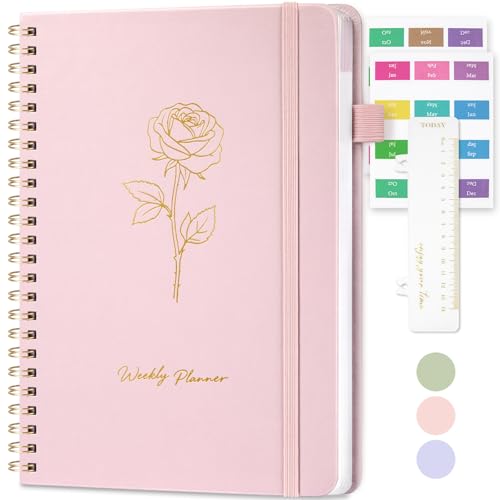 Umriox Undated Planner - A5 Weekly Planner Notebook Weekly Journals for Study Work Fitness 52 Weeks Planning with 24 Self-Adhesive Tabs Hardcover 14.5x21cm - Pink