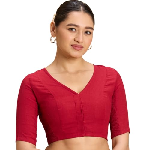 Image of Studio Shringaar Women's Thick Handloom Cotton Plain Side Stretch (Smocked) Readymade Saree Blouse