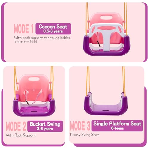 Image of RedSwing 3-in-1 Baby Swing Seat, Toddler Swings, Anti-Flip Snug & Secure Detachable Infants to Teens Kids Swing Seat for Outside Playground, Purple Pink White