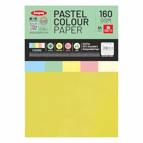 Image of Anupam 25 Sheets Colored Pastel Craft Paper A4 Size 160 GSM 5 Assorted Color Paper Multi Color Card Stock Paper for Crafts, Card Making, Scrapbooking, DIY, School Supplies, Printing and Stationery