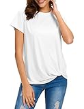 MSHING Women Casual Round Neck Short Sleeve Tie Up Blouse Comfortable Cotton Basic Tops, White, Large