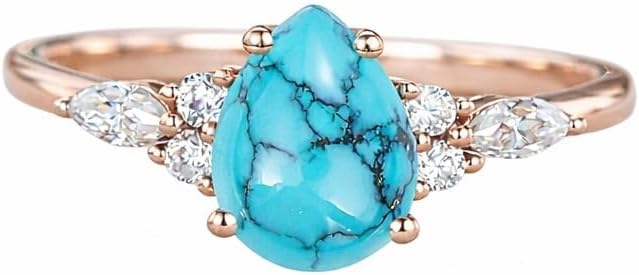 Pear Cut Turquoise Wedding Ring for Women Solid Rose Gold Side CZ Diamond Minimalist Vintage Style Statement Handmade Promise Engagement Jewelry Gift for Her