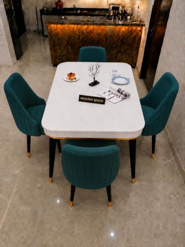 Image of WOODEN SPACE 4 Seater Wooden Dining Table Set | Urban Marble Top Dining Table with Chairs for Dining Room & Kitchen (Modern Infinity Sea Blue) (54 x 36 x 30 inch)