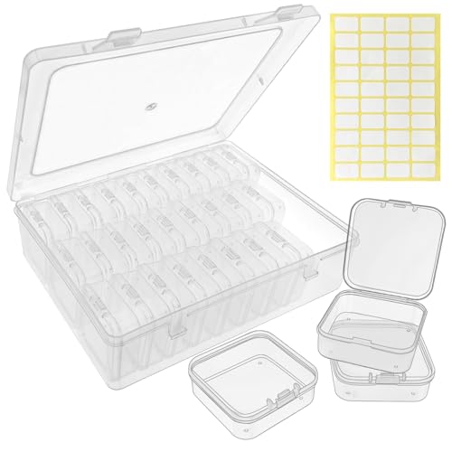 Guyuyii 30 Clear Plastic Bead Storage Containers with Hinged Lids & Labels