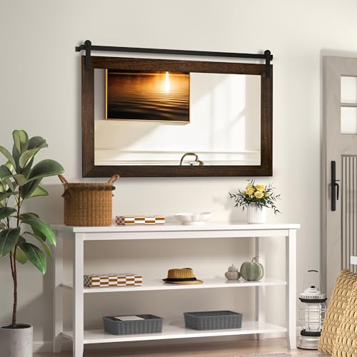 Image of COGOOD Farmhouse Bathroom Mirror - 41 inch x 30 inch Rustic Barn Door Mirror for Living Room, Entryway, Bedroom, Vanity Wall Decor (Black Brown)