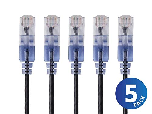Image of Monoprice Cat6A Ethernet Patch Cable - 7 Feet - Blue | Network Internet Cord - RJ45, 550Mhz, UTP, Pure Bare Copper Wire, 10G, 30AWG, 5-Pack - SlimRun Series