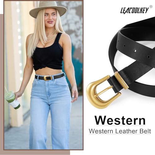 LEACOOLKEY 2 Pack Women's Leather Belts for Jeans Western Belt Ladies Wsit Belt with Gold Buckle 35", Suit waist size 24"-26"4