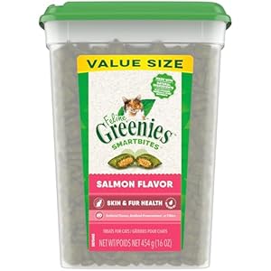 FELINE GREENIES SMARTBITES Skin & Fur Health Crunchy and Soft Natural Cat Treats, Salmon Flavor, 16 oz. Tub