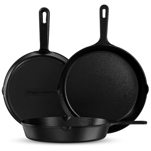 Utopia Kitchen Cast iron Skillets 3 Piece Set, Chefs Pan, Pre Seasoned Cast iron Skillets, 6, 8 & 10 Inches, Easy Use in the Oven, Stove, Grill, or Campfire, Black