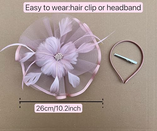 SAFERIN Fascinator Hat Feather Mesh Net Veil Party Hat Flower Derby Hat with Clip and Hairband for Women (TA1-Pink Feather2)
