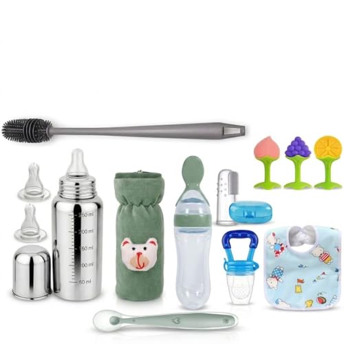 Image of Y.GOYAL&CO. Stainless Steel Baby Feeding Bottle 250ml with Silicone Nipples and Cleaning Brush, BPA Free, Anti Colic Valve, Wide Neck for Newborns Babies, Infants, and Toddlers (PK-10-GRY)