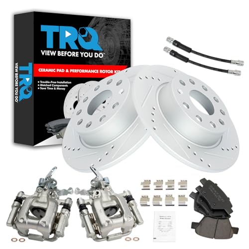 Image of TRQ Performance Rear Brake Pad and Rotor Set Ceramic Slotted Drilled G Coated 272mm Rotors Calipers Compatible with 2010-2012 2014 Volkswagen Jetta