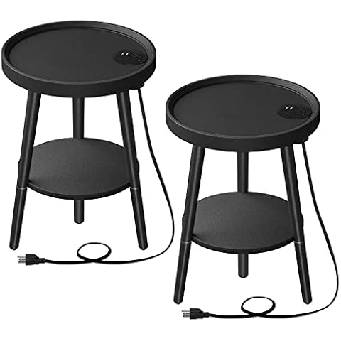 Greenstell End Table with Charging Station, Round Side Table with Storage Shelf, USB Ports and Anti-drop Fence, 2-Tier Small Nightstand Sofa Table for Living Room, Bedroom Black 15*15*20.5in(2 Pack) Cover