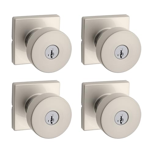 Image of Kwikset Pismo Entry Door Knob with Lock and Key, Secure Keyed Handle Exterior, Front Entrance and Bedroom, Satin Nickel, 4 Pack, Pick Resistant SmartKey Rekey Security and Microban