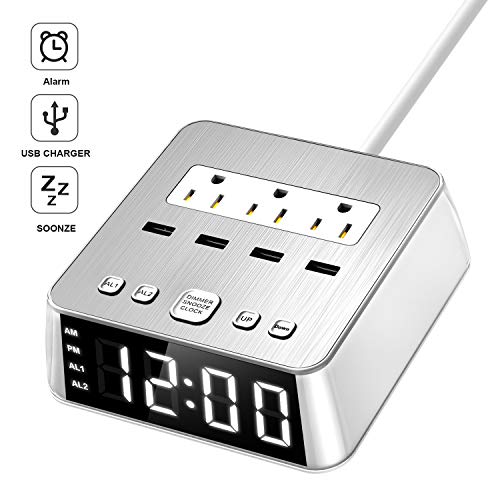Dual Alarm Clock with USB Charger,Alarm Clock Charging Station Dock with 3 AC