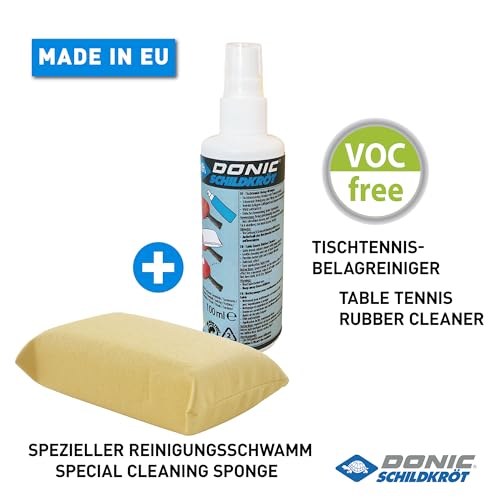 Donic-Schildkröt Tischtennis Reinigungsset, 100ml Belagreiniger im Pumpzerstäuber und Reinigungsschwamm, zum Auffrischen der Schläger-Beläge