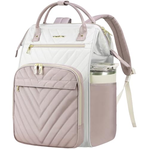 Image of VANKEAN Laptop Backpack for Women Fashion Computer Work Bag, Large Capacity Waterproof Backpack, College Daypack Business Travel, Beige /Dusty pink, 15.6 Inch