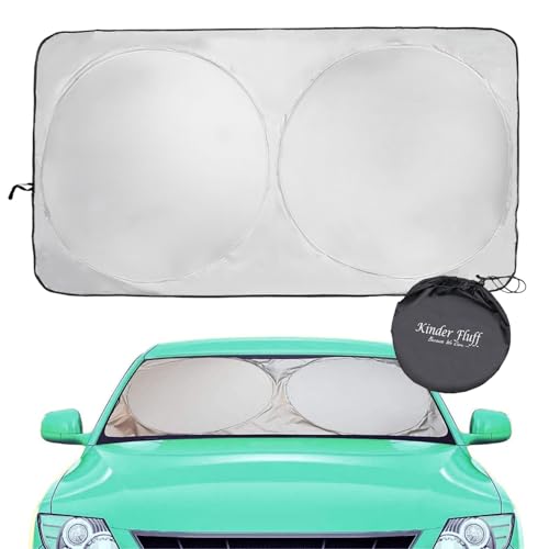 Windshield Sun Shade - Certified 99.87% UVB & 99.02% UVA Sun Protection. Award Winning Automotive Windshield Cover. Patented Foldable Vehicle Heat Shield. Size L 63'x35' Car Sunshade by Kinder Fluff