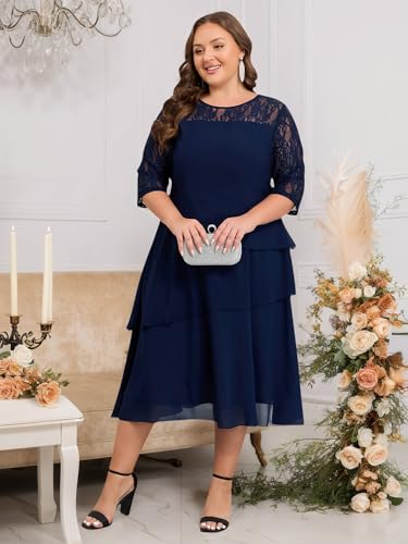 ZNU Plus Size Wedding Guests Dresses for Women 2025 Summer Lace 3/4 Sleeve Chiffon Dress Tiered Layered Flowy Midi Dress4