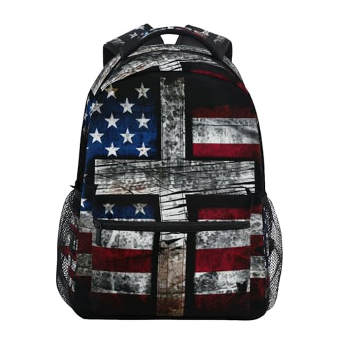 Backpack Black Cross American Flag Daypack Shoulder Bag Book Bag Lightweight Back Pack 11.4 ×16 In