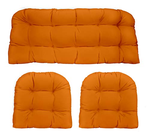 Resort Spa Home Decor 3 Piece Wicker Cushion Set - Solid Orange Indoor/Outdoor Fabric Cushion for Wicker Loveseat Settee & 2 Matching Chair Cushions