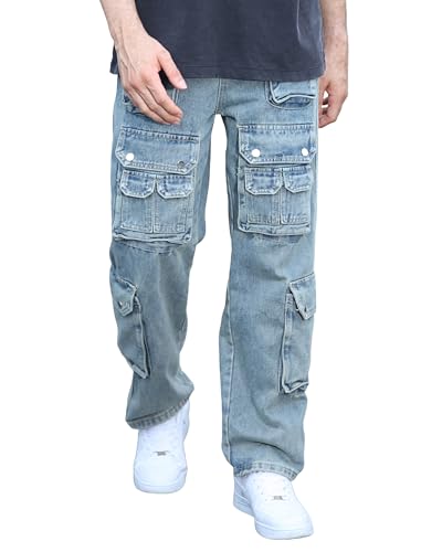 Mens Baggy Cargo Jeans Wide Leg Streetwear Jeans Loose Fit Hip Hop Denim Pants