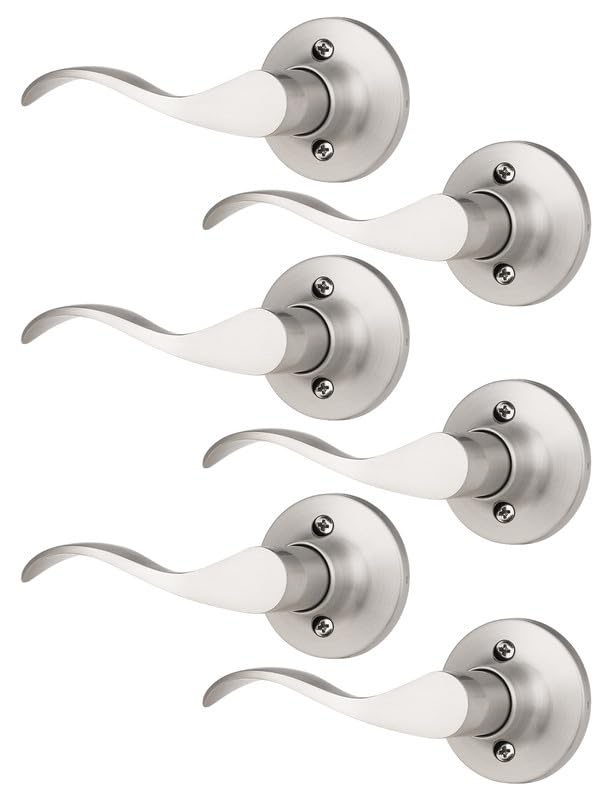Image of Mengico 6 Pack Satin Nickel Dummy Door Lever, Single Left Side Door Handle for Closets, Non-Turning Pull Only Lever Set, Wave Style Interior Door Knob