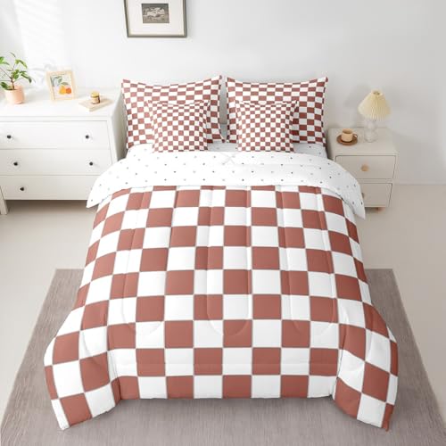 Image of Erosebridal Checkered King Bed in A Bag 7 Piece White Light Caramel Checkerboard Bedding Set,Buffalo Plaid Grid Comforter Set with Sheets for Kids Teen Adults Aesthetic Geometric Gingham Bed Set