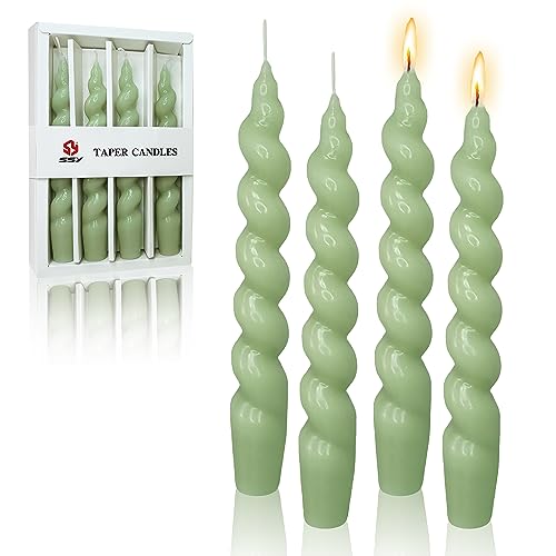 7.5 Inches Spiral Taper Candles Colorful Twisted Candle Dripless Long Candles, Handmade Candlesticks for Wedding Dinner Decor, Set of 4(Green)
