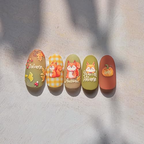 Image of Fall Nail Stickers Squirrel Nail Art Stickers Maple Leaf Nail Decals 5D Self Adhesive with Design Autumn Pumpkin Nails Art Decals Cute Nails Decoration for Women Girls Kid Manicure Charms Accessories