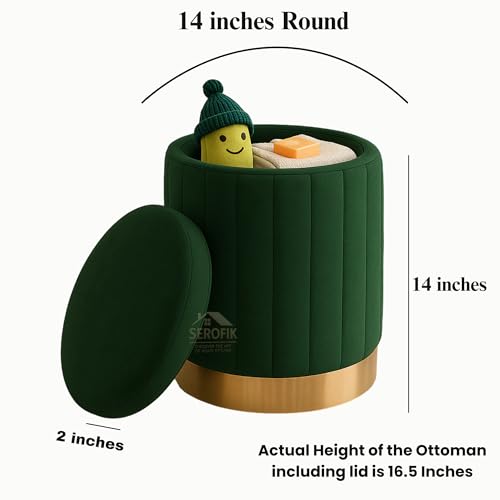 Image of Ottoman Stool with Storage, Round Dutch Velvet Cover Memory Foam Padded 32L Capacity Ottoman Bench Footrest, Pouffe, Office Stool, Makeup Chair, Vanity Chair for Living Room, Bedroom