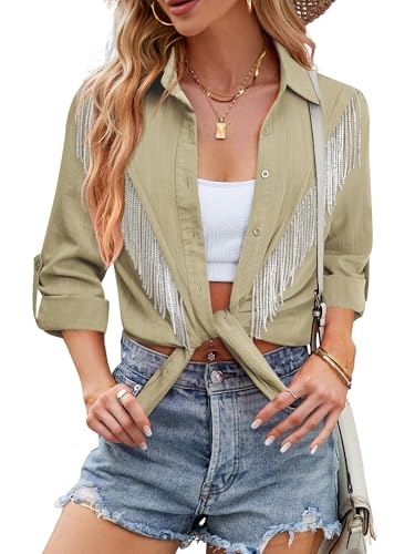 Image of MYMORE Womens Sparkly Fringe Shirt Western Cowgirl Country Concert Outfit