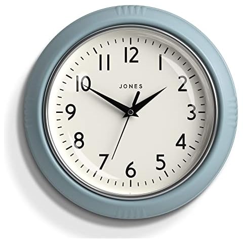 JONES CLOCKS® The Ketchup Wall Clock - Analog Wall Clock - Retro Clock - Kitchen Wall Clocks - Easy to Read Dial - Round Wall Clock - British Design - 10in Clock (Light Blue) Cover