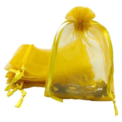 Soul Artisan Potli Drawstring Bag Transparent Net Fabric (Yellow Color) for Return Gifts, Wedding, Baby Shower Functions, Dry Fruit and Jewelry Packaging Size 18X23 cm | Pack of 10