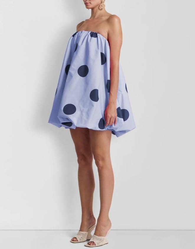 Image of Faretumiya Women Polka Dot Bubble Mini Dress Strapless Flowy Short Tube Dress Off Shoulder Y2k Balloon Dress Party Beach(