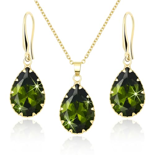 Linawe Peridot Green Gold Jewelry Sets for Women Birthstone Pendant Necklace and Dangle Earrings Set Imitation Diamond Crystal Cubic Zirconia Tear Drop Wedding Costume Jewelry Set