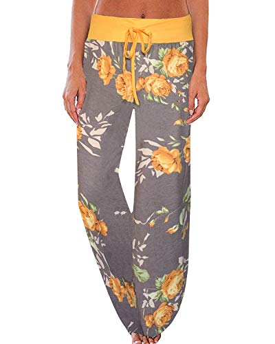 NEWCOSPLAY Women's Comfy Pajama Pants Floral Print Drawstring Palazzo Lounge Wide Leg Pants (M, Yellow)