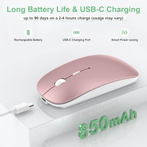 Image of Wireless Mouse for Laptop /MacBook Air /Pro & iPad, Mouse Jiggler Mode Bluetooth 5.2 /2.4G Rechargeable Silent Click 3-Level DPI Slim Portable USB-A&C Receiver (Mouse Jiggler Mode, Rose Gold)