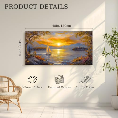 crmotu Sunset Wall Art, Lake Art Wall Decor, Mountain Wall Art, Sailboat Landscape Large Artwork, Cozy Country Paintings Wall Decor Living Room Bedroom Farmhouse Office Art Prints 24x48inch