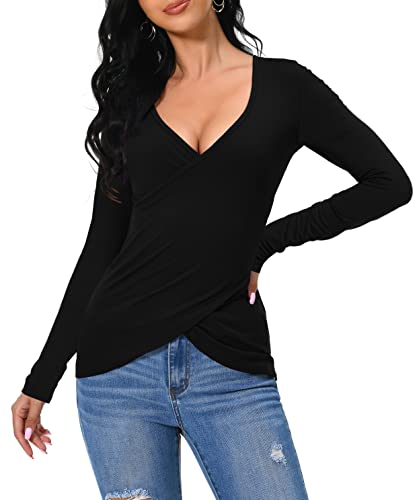 Afibi Women Deep V Neck Low Cut Long Sleeve Slim Shirt Tee Top Blouse4