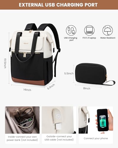 Image of LOVEVOOK 17.3 Inch Laptop Backpack for Women, Large Capacity Travel Backpack with Organizer Bag, Waterproof Carry on Backpack Work Bag with USB Port, Teacher Nurse Backpack Purse, 2PCS, Beige-Black