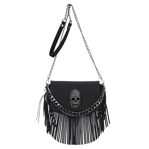 Emprier Y2K Punk Fringe Purse for Women Soft PU Leather Tassel Crossbody Purse Novelty Gothic Western Hobo Bag with Chains
