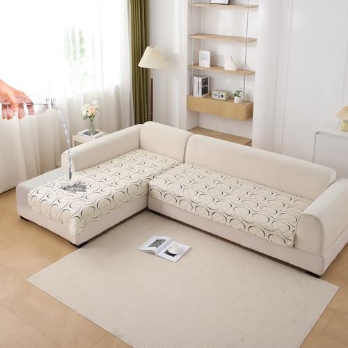 Image of HOKIPO 'Elira Series' Printed Water Repellent + Waterproof Quick Dry L Shape (3+2 Seater) Sofa Seat Cover Mat, Natural Beige Abstract Art (AR-5249-C4 + AR-5246-C4)