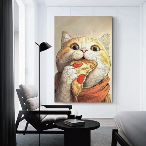 Toiles décoratives chat mangeant de la pizza art moderne salon 40x60cm