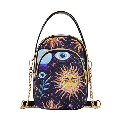 Mystical Suns Faces Eyes Women Shoulder Handbag Animal Print Chain Strap Phone Wallet Handbag Quilted Crossbody Clutch Zipper Tote