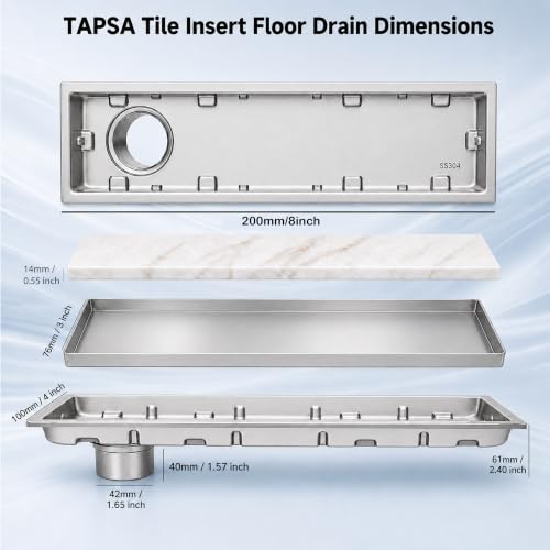Image of Tapsa Tile Insert Floor Drain | 304 Stainless Steel | Invisible Shower Drain Channel | Shower Drain Channel |Water Drain Channel| Floor Drain with Cockroach Trap | Anti-Rust. (SS Matte, 8X4)
