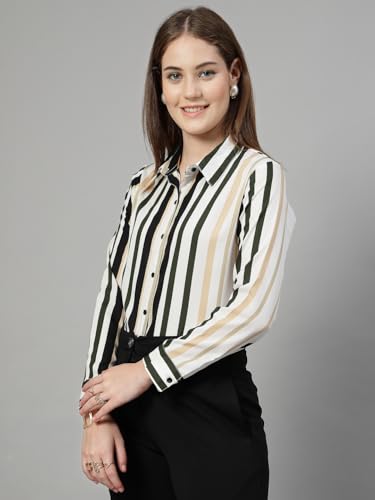 Image of Style Quotient Women Beige White Stripe Printed Formal Shirt
