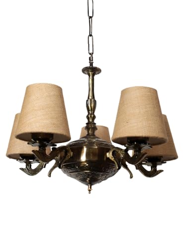 Image of Devansh 05 Lights Beige Jute conical Shade with Antique Golden Chandelier