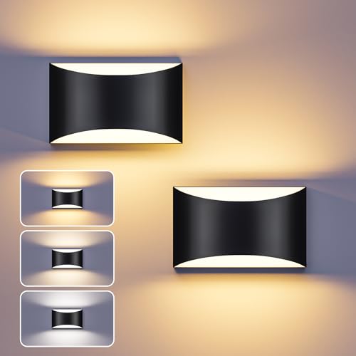 Image of Black Modern LED Wall Sconce, 3 Colors Hardwired Wall Sconces Set of 2 | 3000K /4000K /6000K, 10W Up and Down Wall Mount Light with Memory Function, Wall Lamp for Bedroom Living Room Hallway Corridor